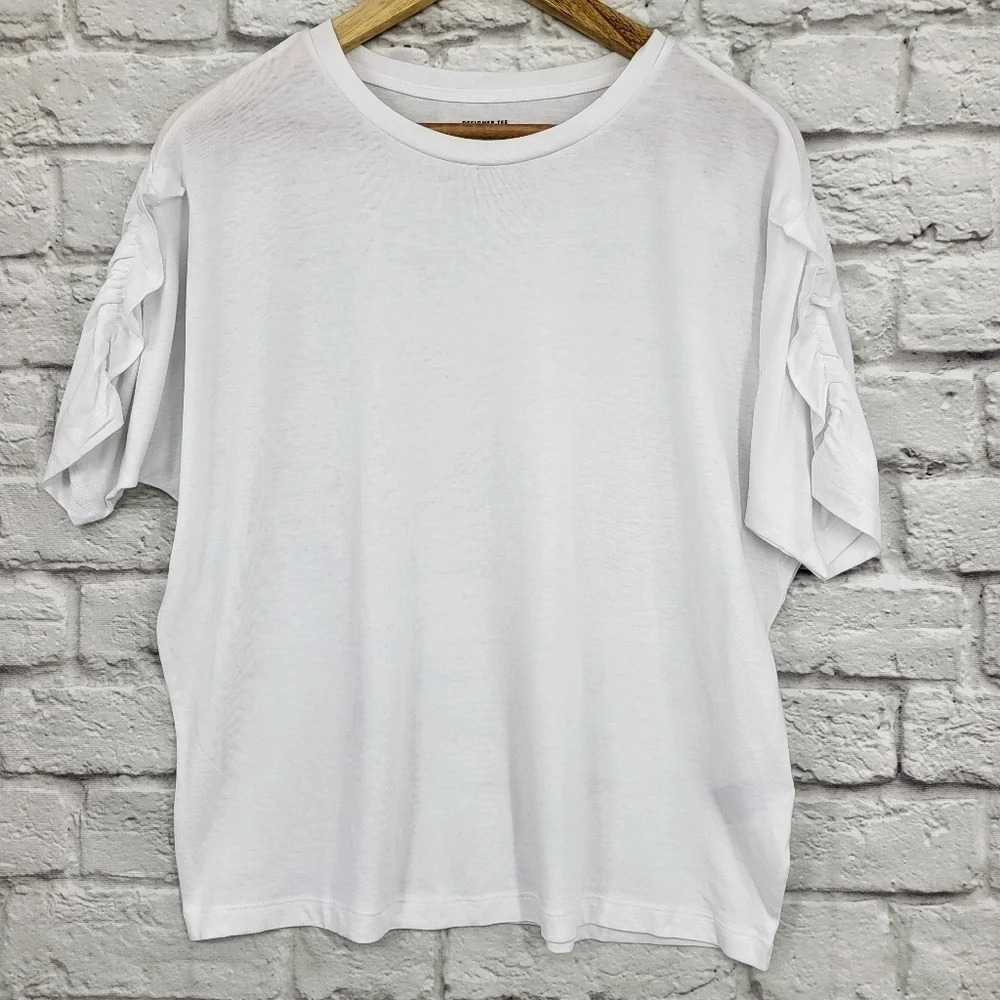 BANANA REPUBLIC Factory Sz XS White Designer's Tee Ruffle Sleeve Detail NEW